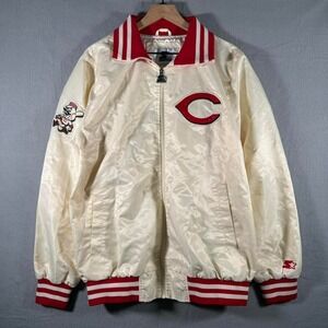 Vintage Cincinnati Reds Starter Satin Bomber Jacket Zip MLB Baseball White Red